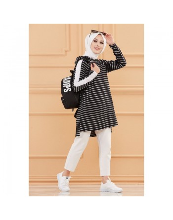 Tunique pour femme (Vêtement Hijab Style Sport et Décontracté) - Rayures de couleur noir 