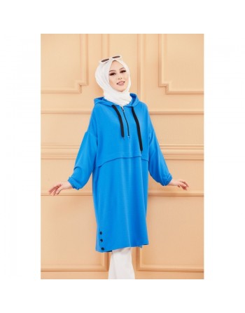 Tunique ample style sweater avec capuche (Tenue femme moderne et sport pour hijab) - Couleur bleu 