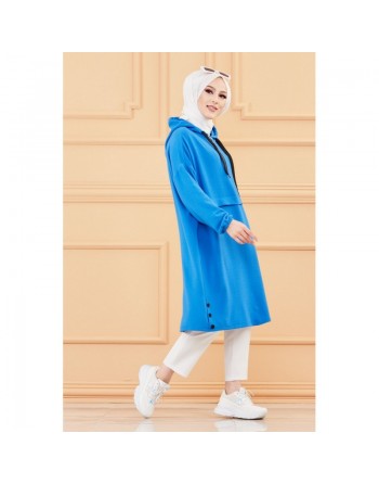 Tunique ample style sweater avec capuche (Tenue femme moderne et sport pour hijab) - Couleur bleu 