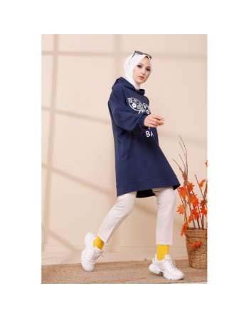 Tunique avec capuche imprimé "Like a cute baby" (Tenue Moderne Hijab) - Couleur bleu marine 