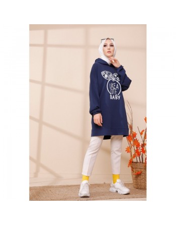 Tunique avec capuche imprimé "Like a cute baby" (Tenue Moderne Hijab) - Couleur bleu marine 