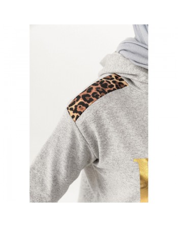 Tunique décontractée ample pour femme type sweat-shirt avec capuche et imprimé doré - Couleur gris clair 