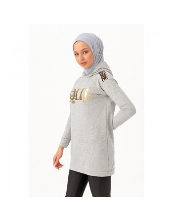 Tunique décontractée ample pour femme type sweat-shirt avec capuche et imprimé doré - Couleur gris clair 