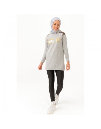 Tunique décontractée ample pour femme type sweat-shirt avec capuche et imprimé doré - Couleur gris clair 