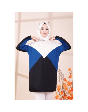 Tunique originale pour femme - Sweat-shirt tricolore - Couleur blanc noir et Bleu roi 