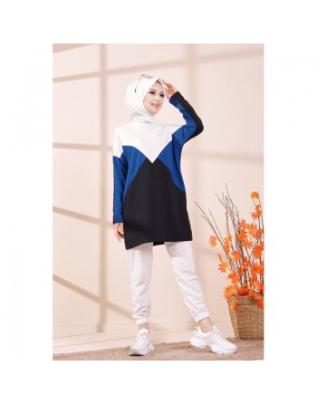 Tunique originale pour femme - Sweat-shirt tricolore - Couleur blanc noir et Bleu roi 