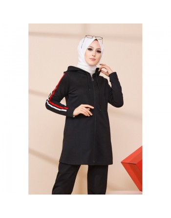 Cardigan zippé pour femme (Vêtement moderne et sport hijab) - Couleur noir 