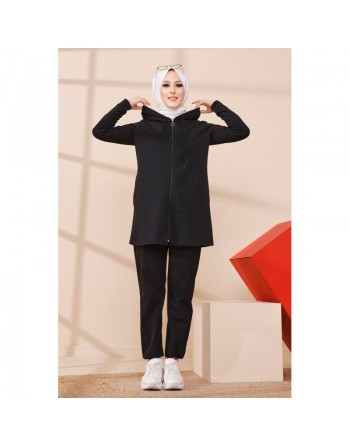 Cardigan zippé pour femme (Vêtement moderne et sport hijab) - Couleur noir 