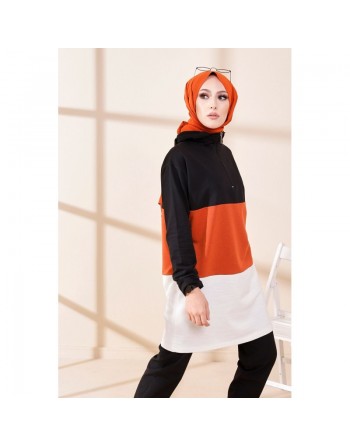 Tunique à capuche tricolore (Vêtement décontracté moderne pour femme voilée) - Couleur noir, blanc et rouille 