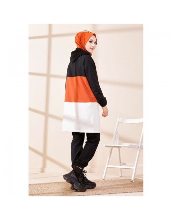 Tunique à capuche tricolore (Vêtement décontracté moderne pour femme voilée) - Couleur noir, blanc et rouille 