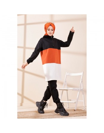 Tunique à capuche tricolore (Vêtement décontracté moderne pour femme voilée) - Couleur noir, blanc et rouille 