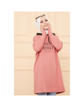 Tunique type sweat-shirt à capuche (Vêtement sport et tendance pour hijab) - Couleur vieux rose 