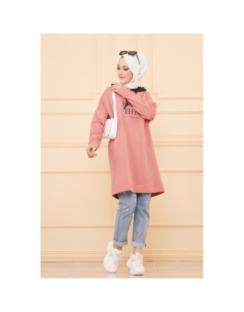Tunique type sweat-shirt à capuche (Vêtement sport et tendance pour hijab) - Couleur vieux rose 