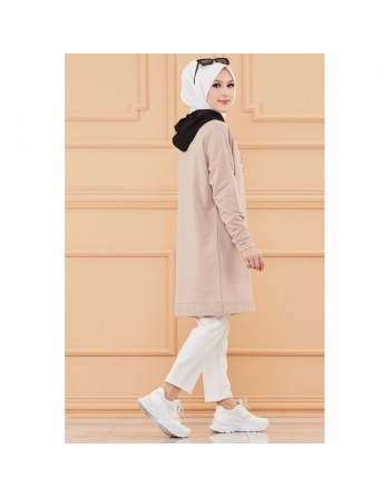 Tunique type sweat-shirt à capuche pur femme (Tenue Hijab décontracté et moderne) - Couleur beige 