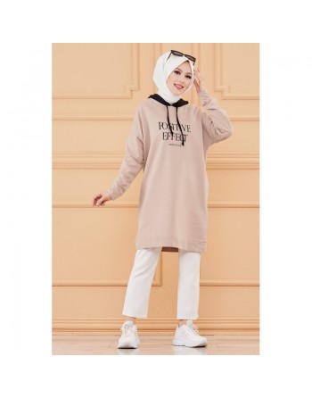 Tunique type sweat-shirt à capuche pur femme (Tenue Hijab décontracté et moderne) - Couleur beige 