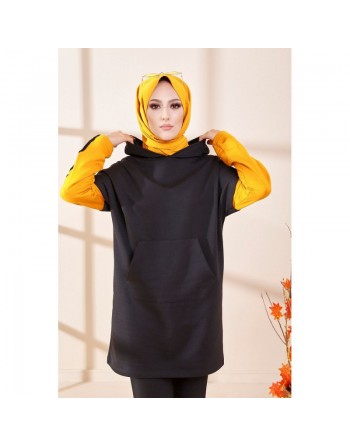 Tunique bicolore avec capuche pour femme (Tenue Hijab moderne et Sport) - Couleur noir et jaune moutarde 