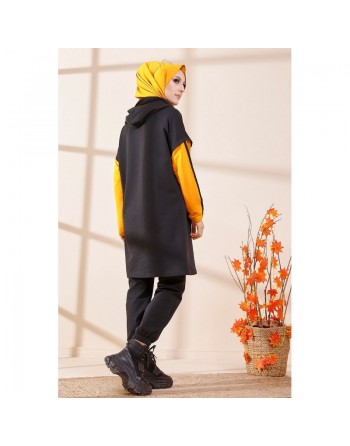 Tunique bicolore avec capuche pour femme (Tenue Hijab moderne et Sport) - Couleur noir et jaune moutarde 