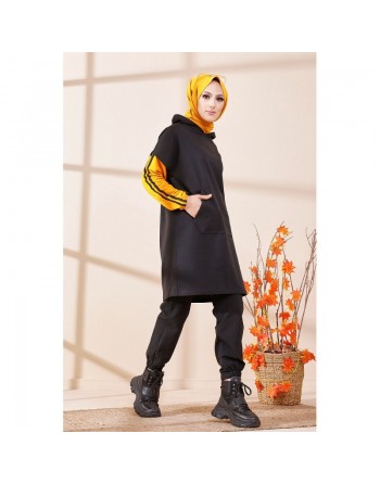 Tunique bicolore avec capuche pour femme (Tenue Hijab moderne et Sport) - Couleur noir et jaune moutarde 