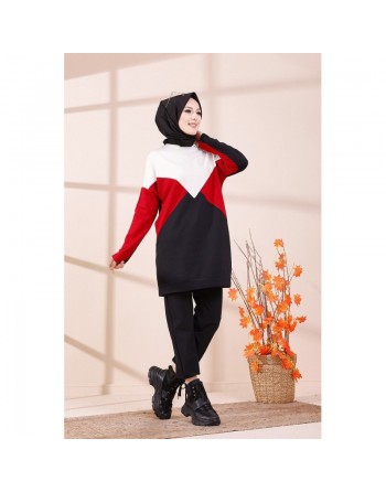 Tunique originale pour femme - Sweat-shirt tricolore - Couleur blanc noir et bordeaux 