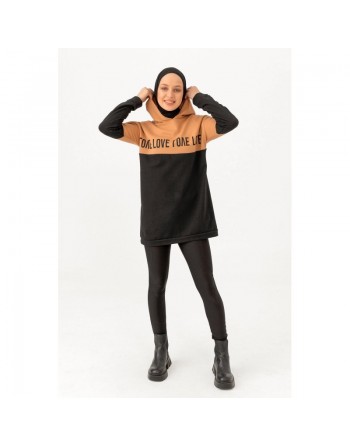 Tunique avec capuche pour femme (Sweat-shirt moderne avec inscription Love) - Couleur noir et biscuit 