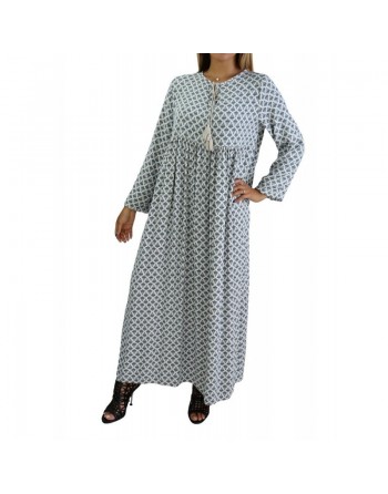 Robe longue viscose fluide et ample avec imprimé Bleu - Couleur Blanc cassé 