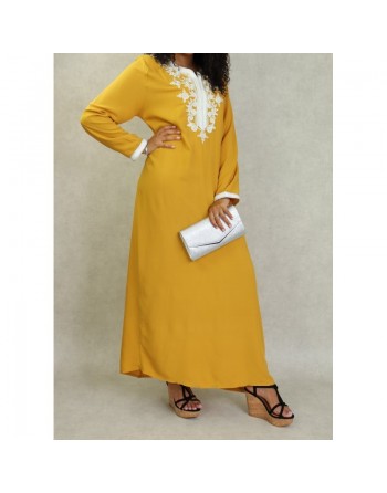 Robe orientale longue pour femme avec perles et broderies 100% coton - Couleur Jaune moutarde 