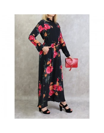 Robe longue boutonnée fluide fleurie en viscose pour femme - Couleur Noir 
