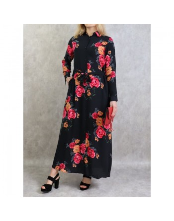 Robe longue boutonnée fluide fleurie en viscose pour femme - Couleur Noir 