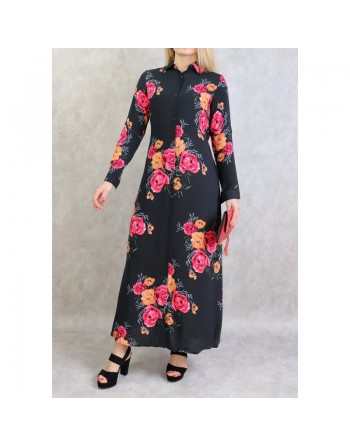 Robe longue boutonnée fluide fleurie en viscose pour femme - Couleur Noir 