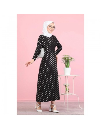Robe longue à pois pour femme (Vetement musulman chic) - Couleur noir 