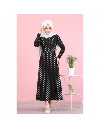 Robe longue à pois pour femme (Vetement musulman chic) - Couleur noir 
