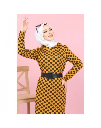 Robe volantée à capuche imprimée à pois avec volant (Vetement hijab femme - Grande taille) - Couleur moutarde 