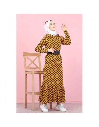 Robe volantée à capuche imprimée à pois avec volant (Vetement hijab femme - Grande taille) - Couleur moutarde 