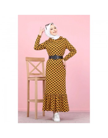 Robe volantée à capuche imprimée à pois avec volant (Vetement hijab femme - Grande taille) - Couleur moutarde 