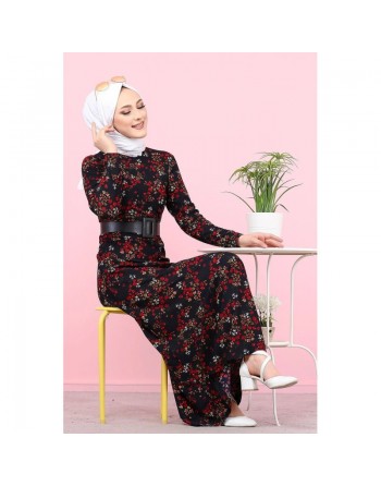 Robe longue fleurie pour femme - Couleur bleu marine 