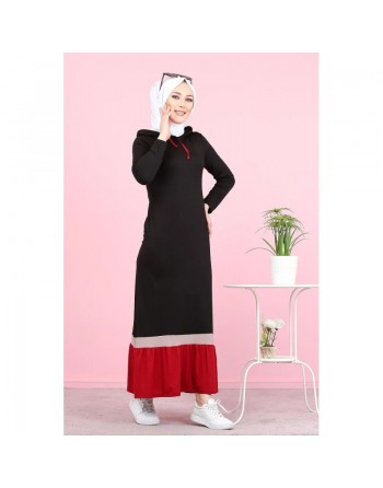 Robe longue avec capuche style sportswear (Vetement Hijab) - Couleur noir et rouge 