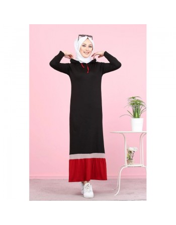 Robe longue avec capuche style sportswear (Vetement Hijab) - Couleur noir et rouge 
