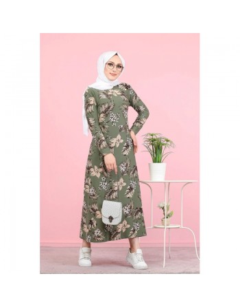 Robe longue imprimés fleurs (Vêtement style femme voilée) - Couleur kaki 