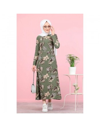 Robe longue imprimés fleurs (Vêtement style femme voilée) - Couleur kaki 