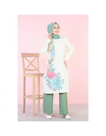 Tunique longue imprimée grandes fleurs rose et menthe (Vetement femme voilée) 