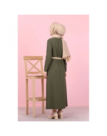Robe décorée de boutons pour femme voilée - Vêtement islamique moderne - Couleur kaki 