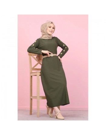 Robe décorée de boutons pour femme voilée - Vêtement islamique moderne - Couleur kaki 