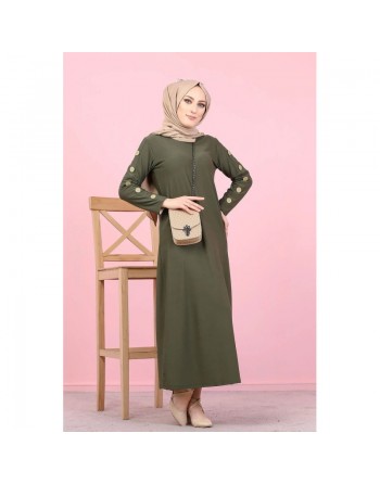Robe décorée de boutons pour femme voilée - Vêtement islamique moderne - Couleur kaki 