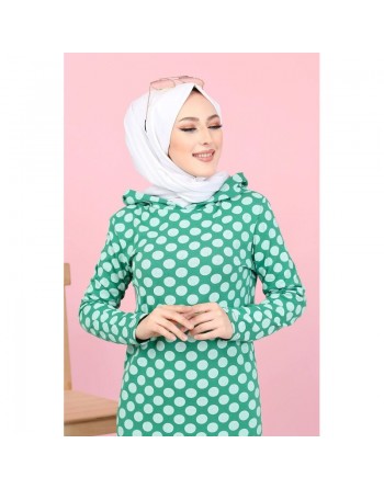 Robe à capuche imprimée à pois blancs avec volant (Vetement hijab) - Couleur verte 