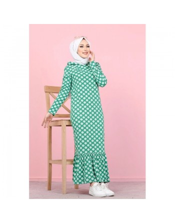 Robe à capuche imprimée à pois blancs avec volant (Vetement hijab) - Couleur verte 
