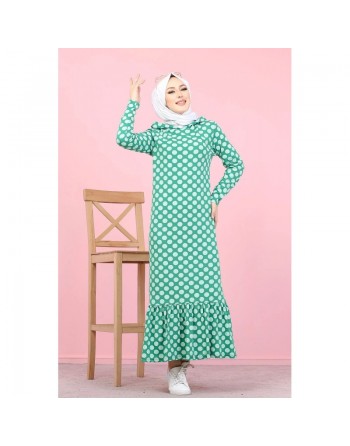 Robe à capuche imprimée à pois blancs avec volant (Vetement hijab) - Couleur verte 