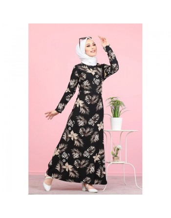 Robe noire fleurie tissu crêpe (Vetement Hijab) 