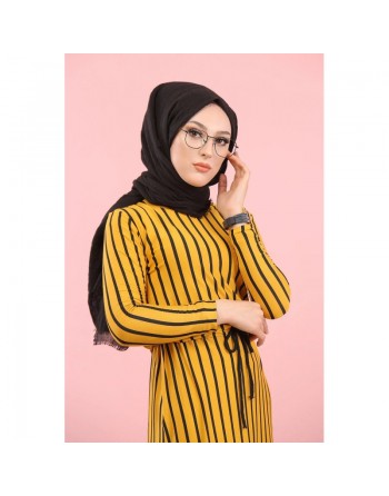 Robe maxi-longue à rayures mode décontracté ceinture intégrée (Vêtement femme Hijab en ligne) - Couleur Moutarde 