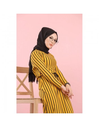 Robe maxi-longue à rayures mode décontracté ceinture intégrée (Vêtement femme Hijab en ligne) - Couleur Moutarde 