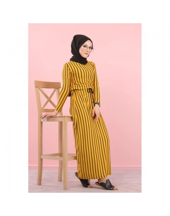 Robe maxi-longue à rayures mode décontracté ceinture intégrée (Vêtement femme Hijab en ligne) - Couleur Moutarde 